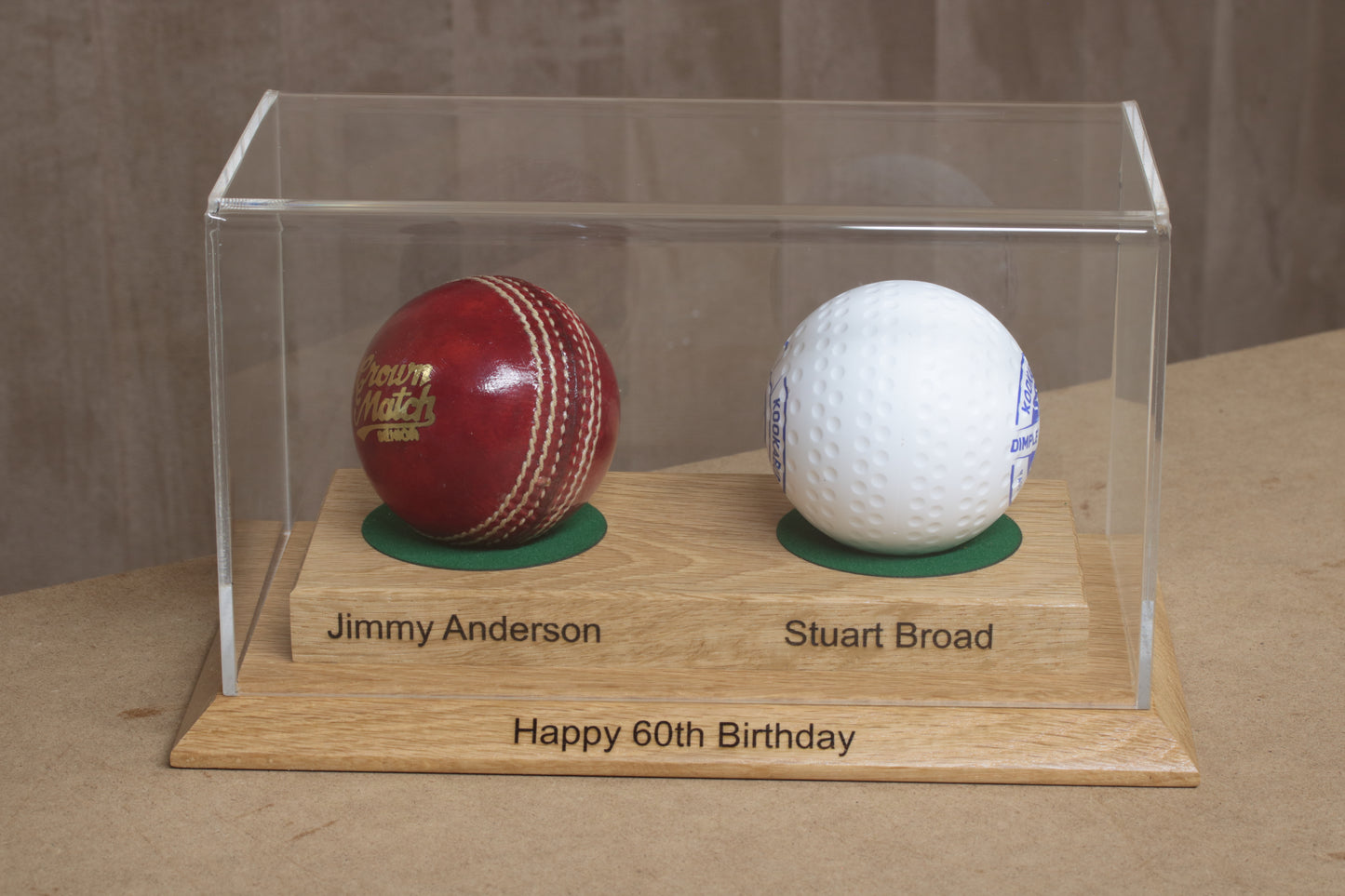 Double Cricket Ball Display case with custom engraving