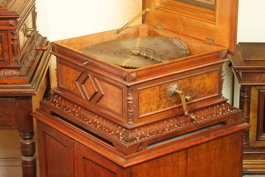 Antique Polyphon Duplex Disc Music Box, c. 1898 on with storage base