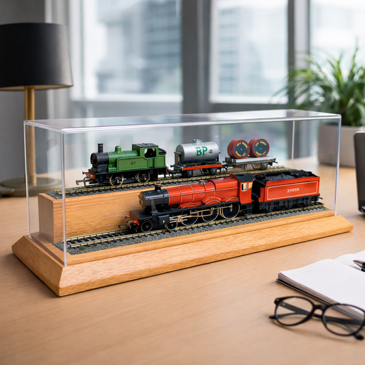 OO Gauge Model Railway Display Case with Raised Plinth – Solid Oak – 33.5cm Track