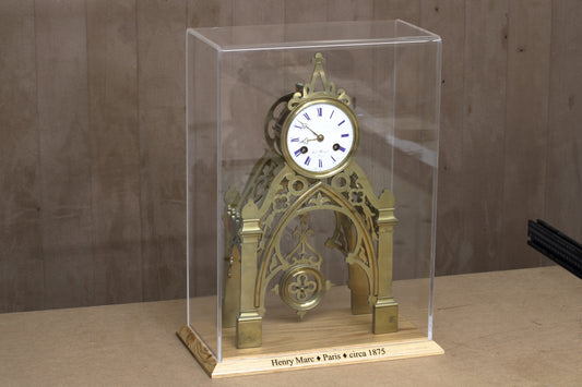 Display case made to order to fit antique skeleton clock 27cm x 14cm x 39cm (h)