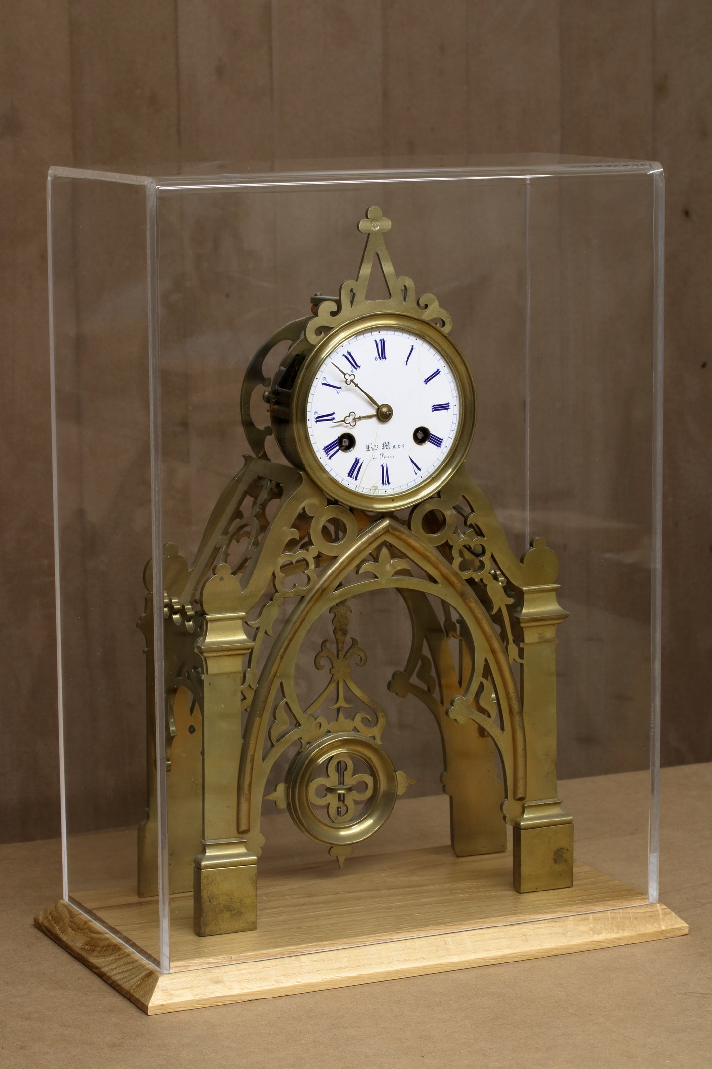 Display case made to order to fit antique skeleton clock 27cm x 14cm x 39cm (h)