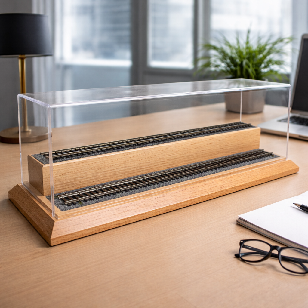 OO Gauge Model Railway Display Case with Raised Plinth – Solid Oak – 33.5cm Track